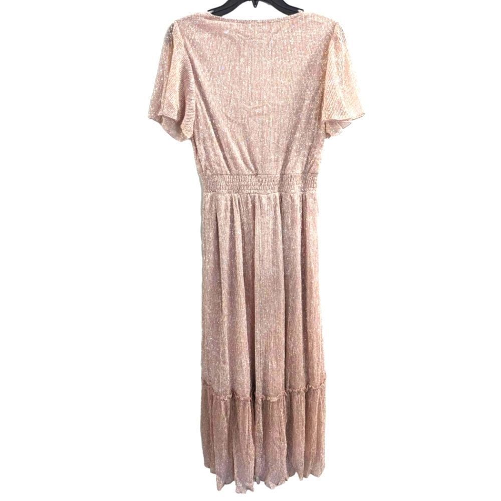 Simplee blush pink metallic sparkly glitter knit flutter sleeve long dress S - Picture 5 of 6